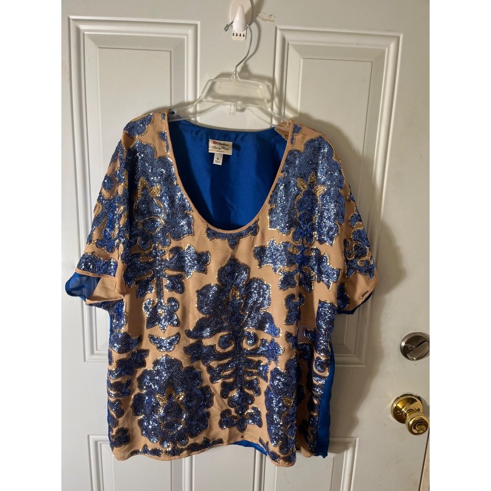 Neiman Marcus Tracy Reese NY blue beige short cap sleeved sequined top size XL